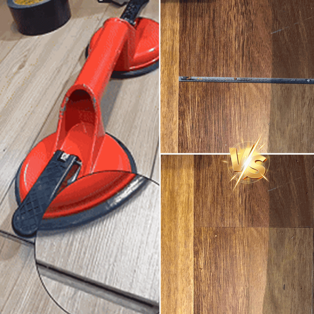 Suction floor gap repair tool closing a laminate floor gap